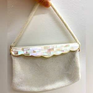 1950s Beaded White Small Evening Bag with Gold Scallop Mother of Pearl Frame